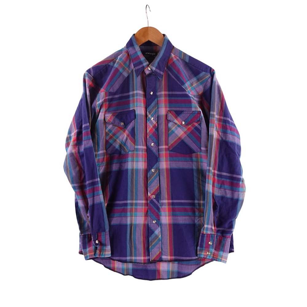 Vintage70s Wrangler Men Purple Plaid Western Pearl Snap Shirt Made in USA Medium